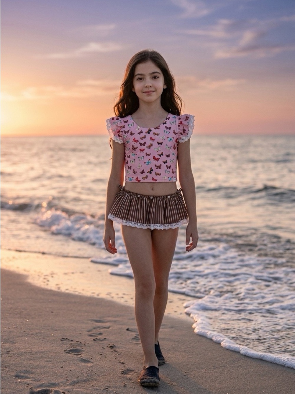 Jane + Jo Pink Butterfly Print Ruffle Swim Bikini Set for Girls Size 7Y EUC